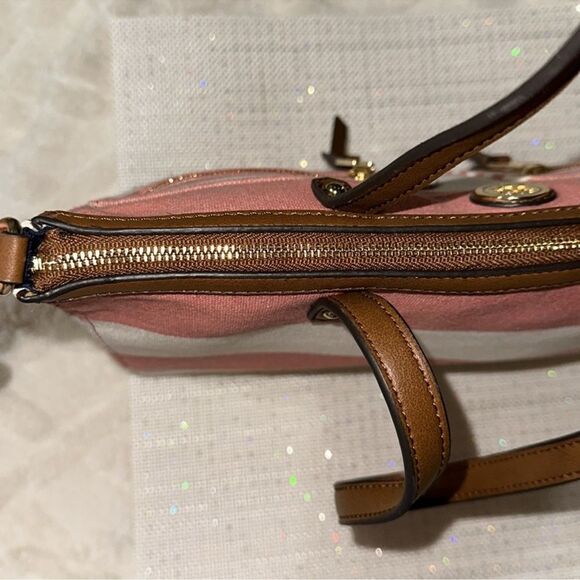TH Ivory Coral Pink Brown Canvas Stripe Faux Leather Trim Medium Tote Handbag - Picture 13 of 15
